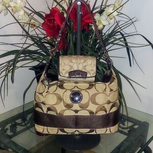 Coach Signature Stripe Hobo Satchel Bag & Wallet